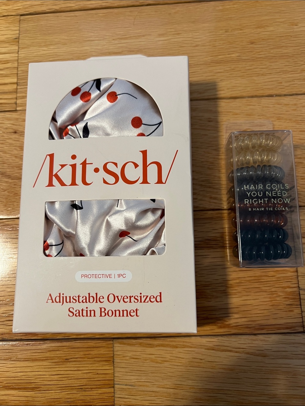 Kitsch Adjustable Oversized Satin Bonnet (Cherries) & Bonus Hair Tie Coils - NWT